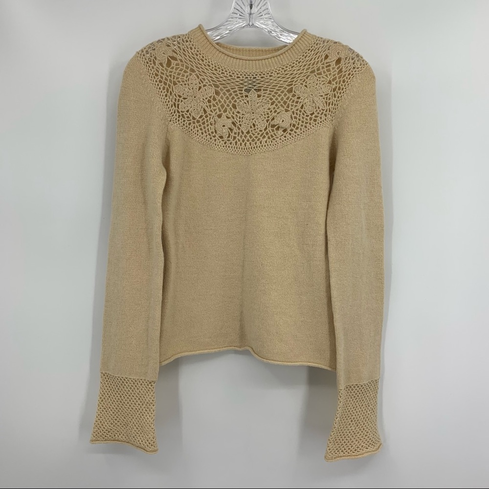Anthropologie Sleeping On Snow Crochet Bodice Wool Blend Ivory Sweater, Size S